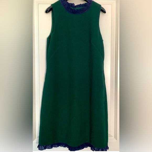 J. Crew Sleeveless Emerald Green Mini Sheath Dress w Navy Ruffles. ZP1 - Picture 2 of 7